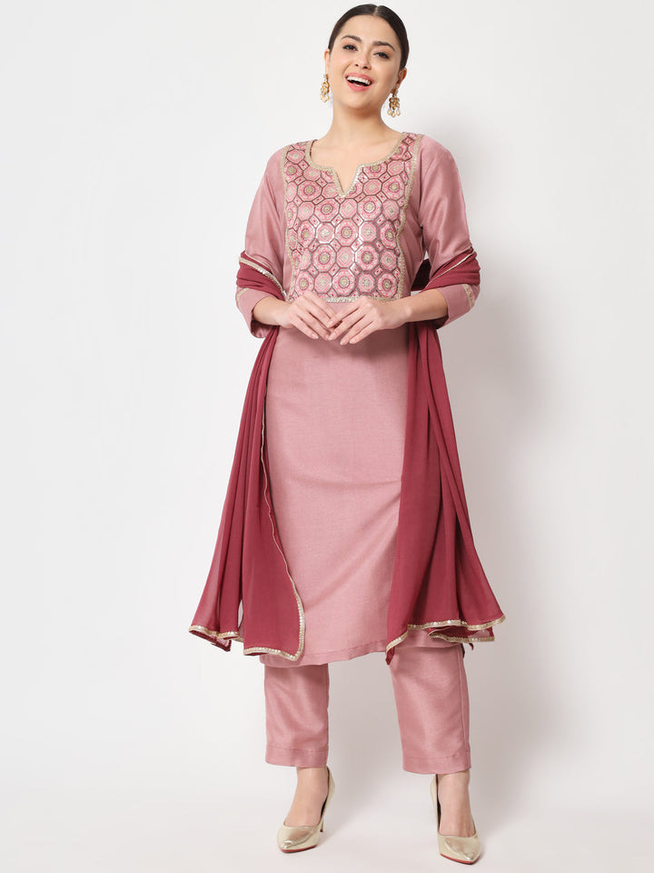 anokherang Combos Copy of Simple Mauve Sequin Embroidered Kurti with Straight Pants