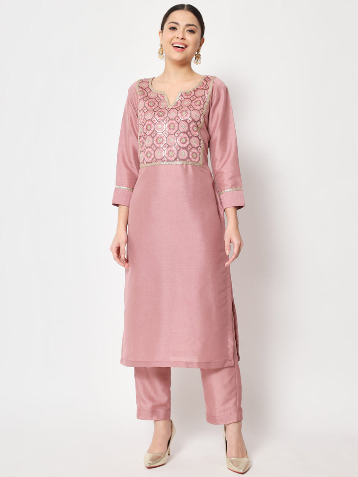 anokherang Combos Copy of Simple Mauve Sequin Embroidered Kurti with Straight Pants