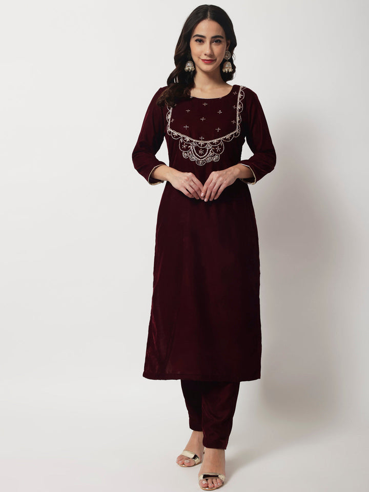 anokherang Combos Copy of Wine Embroidered Straight Velvet Kurti with Straight Pants