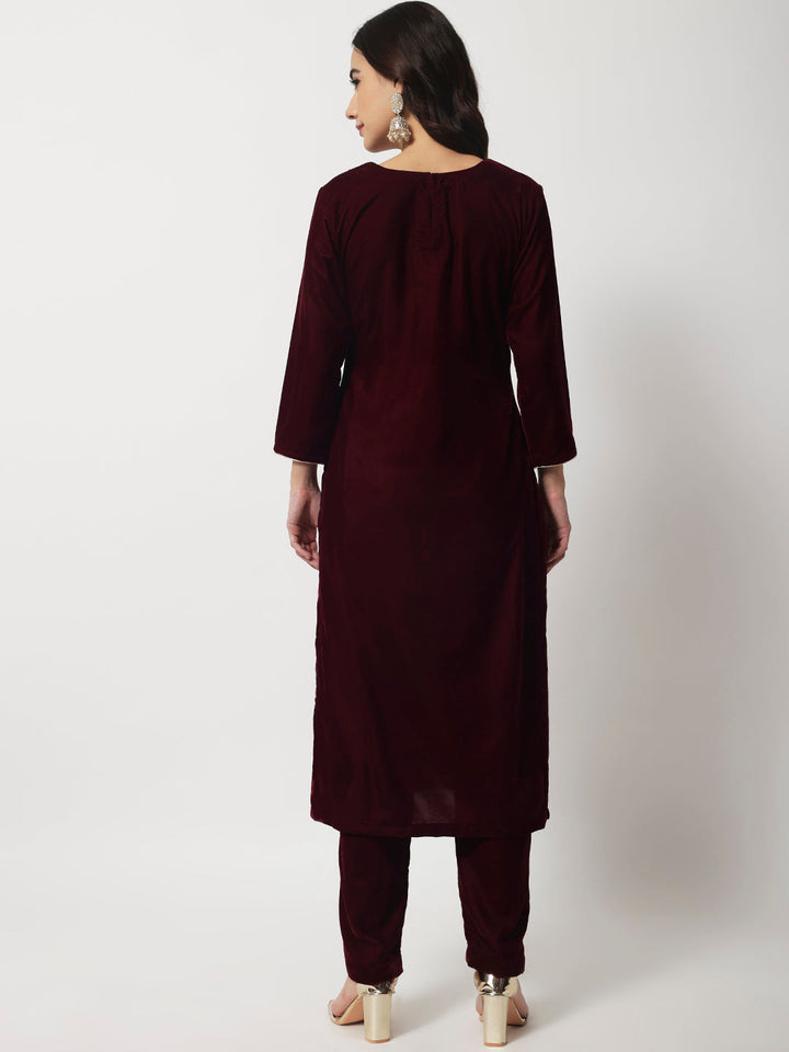 anokherang Combos Copy of Wine Embroidered Straight Velvet Kurti with Straight Pants