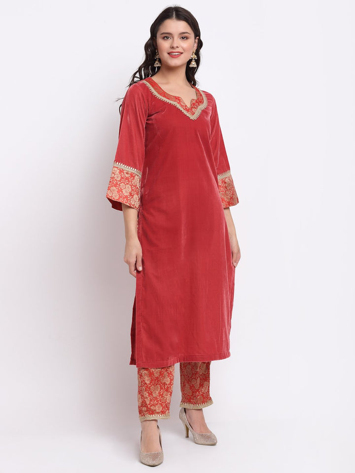 anokherang Combos Coral Bloom Brocade Velvet Straight Kurti with Designer Brocade Pants
