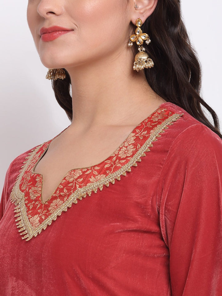 anokherang Combos Coral Bloom Brocade Velvet Straight Kurti with Designer Brocade Pants