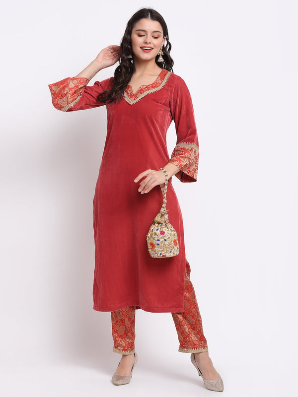 anokherang Combos Coral Bloom Brocade Velvet Straight Kurti with Designer Brocade Pants