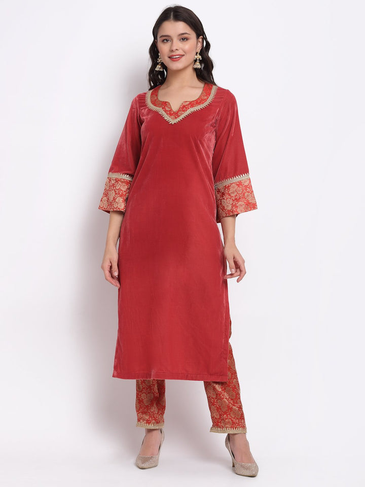 anokherang Combos Coral Bloom Brocade Velvet Straight Kurti with Designer Brocade Pants