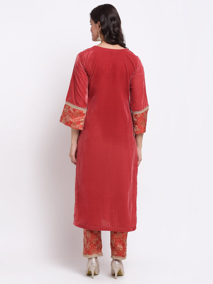 anokherang Combos Coral Bloom Brocade Velvet Straight Kurti with Designer Brocade Pants
