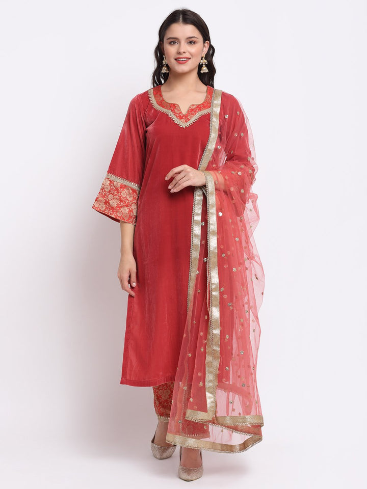 anokherang Combos Coral Bloom Brocade Velvet Straight Kurti with Designer Brocade Pants and Sequin Dupatta