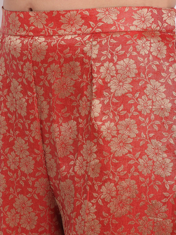 anokherang Combos Coral Bloom Brocade Velvet Straight Kurti with Designer Brocade Pants and Sequin Dupatta
