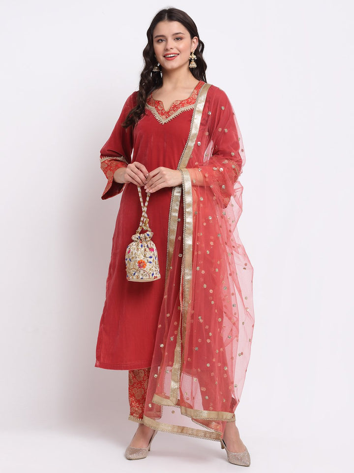 anokherang Combos Coral Bloom Brocade Velvet Straight Kurti with Designer Brocade Pants and Sequin Dupatta