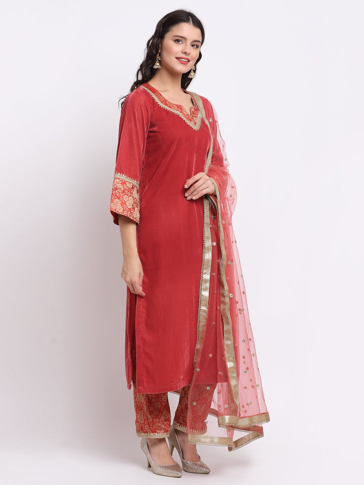 anokherang Combos Coral Bloom Brocade Velvet Straight Kurti with Designer Brocade Pants and Sequin Dupatta