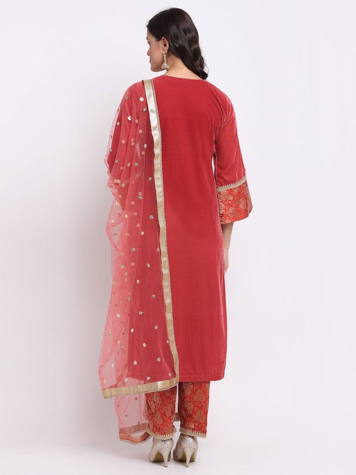 anokherang Combos Coral Bloom Brocade Velvet Straight Kurti with Designer Brocade Pants and Sequin Dupatta