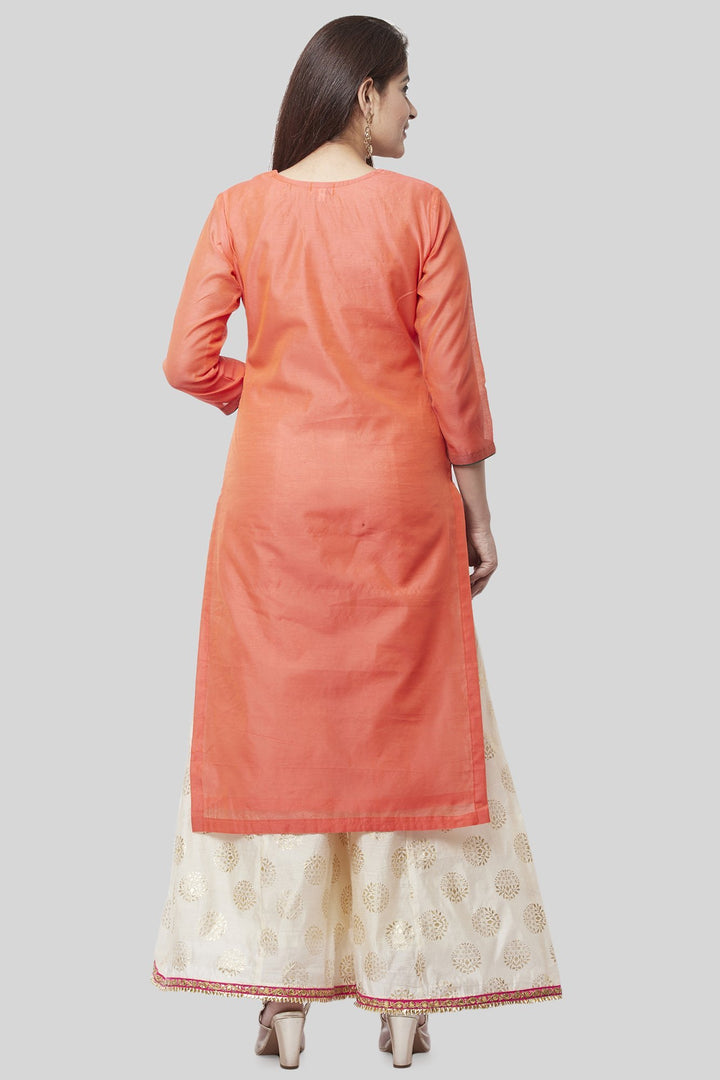 anokherang Combos Coral Embroidered Chanderi Kurti and Off-White Foil Kalidaar Palazzo with Coral Net Sequence Dupatta
