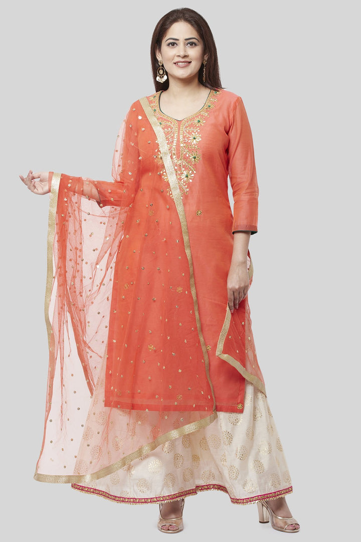 anokherang Combos Coral Embroidered Chanderi Kurti and Off-White Foil Kalidaar Palazzo with Coral Net Sequence Dupatta