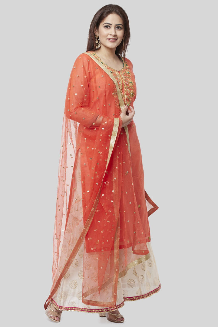 anokherang Combos Coral Embroidered Chanderi Kurti and Off-White Foil Kalidaar Palazzo with Coral Net Sequence Dupatta