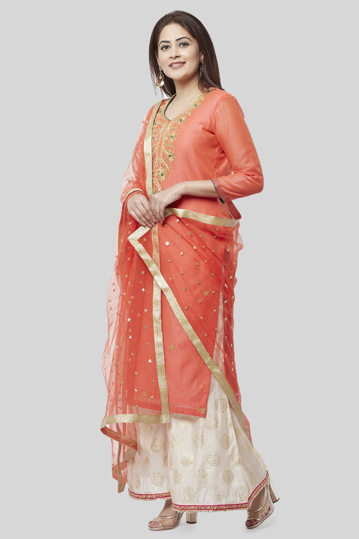 anokherang Combos Coral Embroidered Chanderi Kurti and Off-White Foil Kalidaar Palazzo with Coral Net Sequence Dupatta