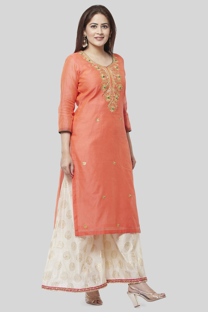 anokherang Combos Coral Embroidered Chanderi Kurti with Off-White Foil Kalidaar Palazzo