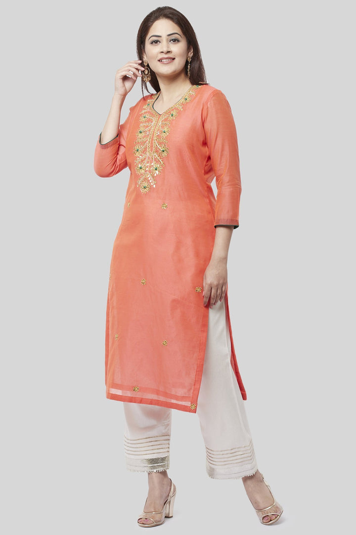 anokherang Combos Coral Embroidered Chanderi Kurti with Off-White Gotta Palazzo