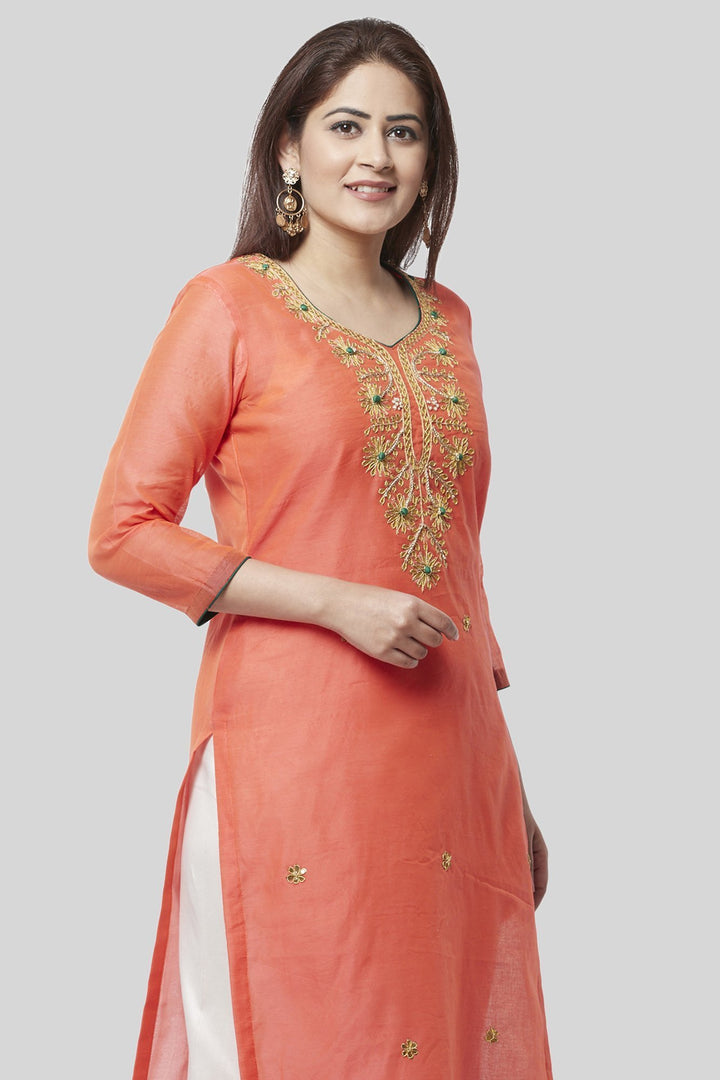 anokherang Combos Coral Embroidered Chanderi Kurti with Off-White Gotta Palazzo