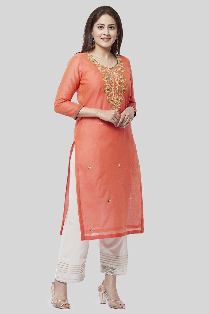 anokherang Combos Coral Embroidered Chanderi Kurti with Off-White Gotta Palazzo