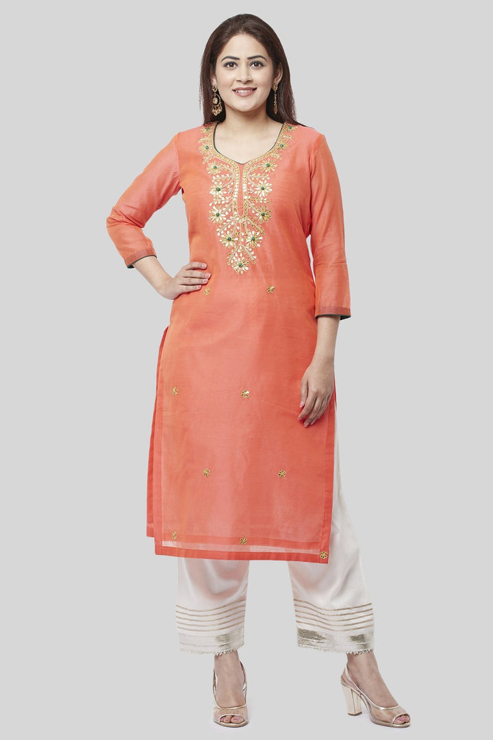 anokherang Combos Coral Embroidered Chanderi Kurti with Off-White Gotta Palazzo