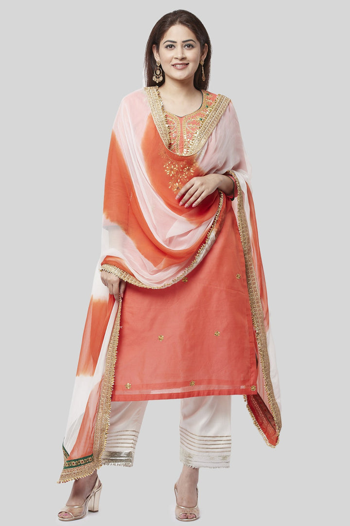 anokherang Combos Coral Embroidered Chanderi Kurti with Off-White Gotta Palazzo and Leheriya Chiffon Dupatta