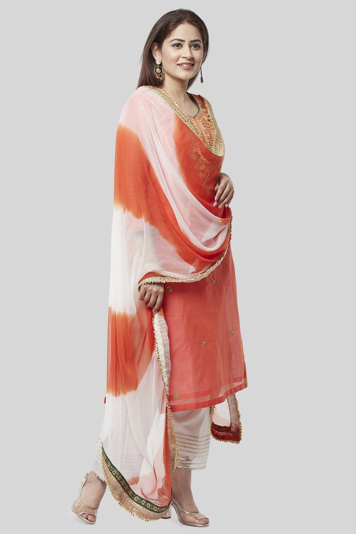 anokherang Combos Coral Embroidered Chanderi Kurti with Off-White Gotta Palazzo and Leheriya Chiffon Dupatta