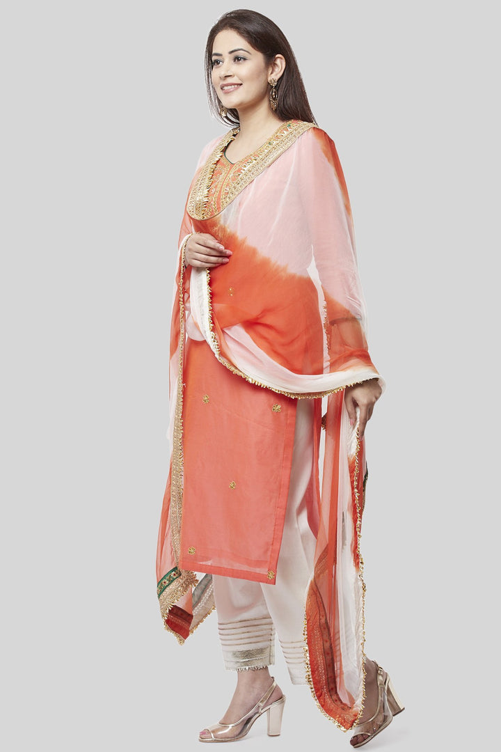 anokherang Combos Coral Embroidered Chanderi Kurti with Off-White Gotta Palazzo and Leheriya Chiffon Dupatta