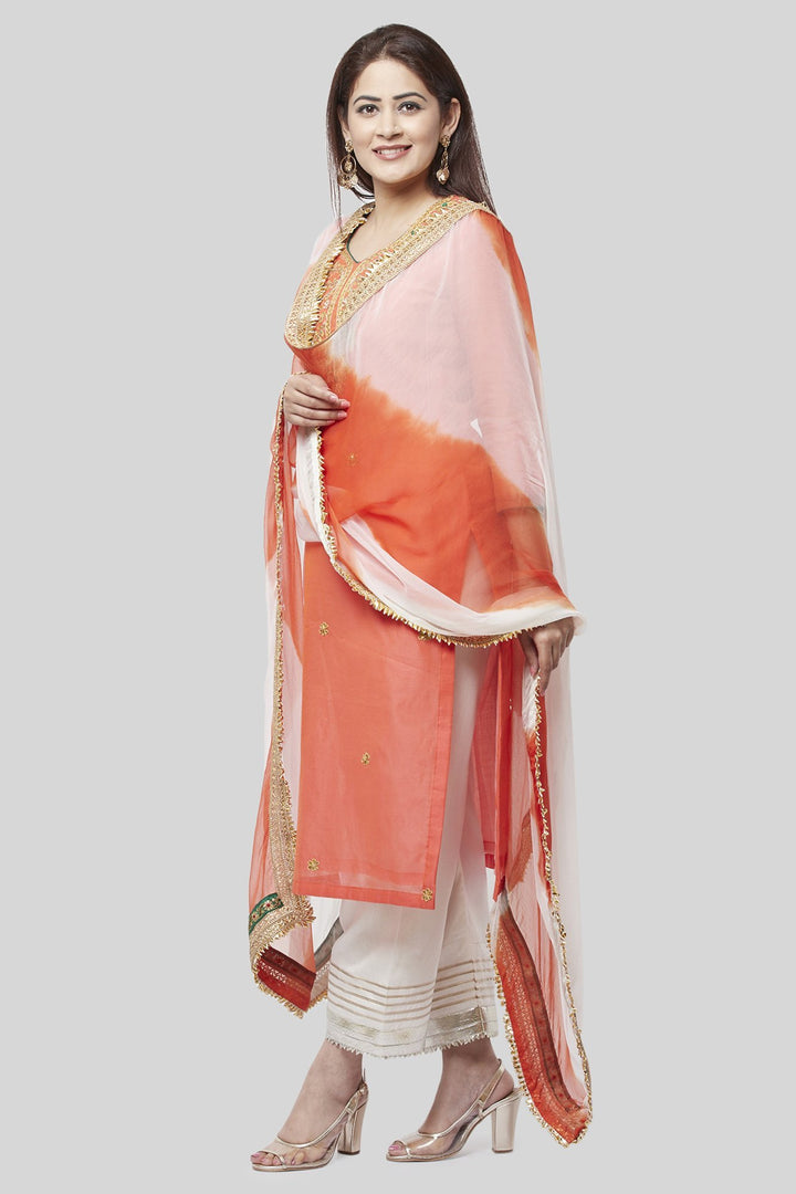 anokherang Combos Coral Embroidered Chanderi Kurti with Off-White Gotta Palazzo and Leheriya Chiffon Dupatta