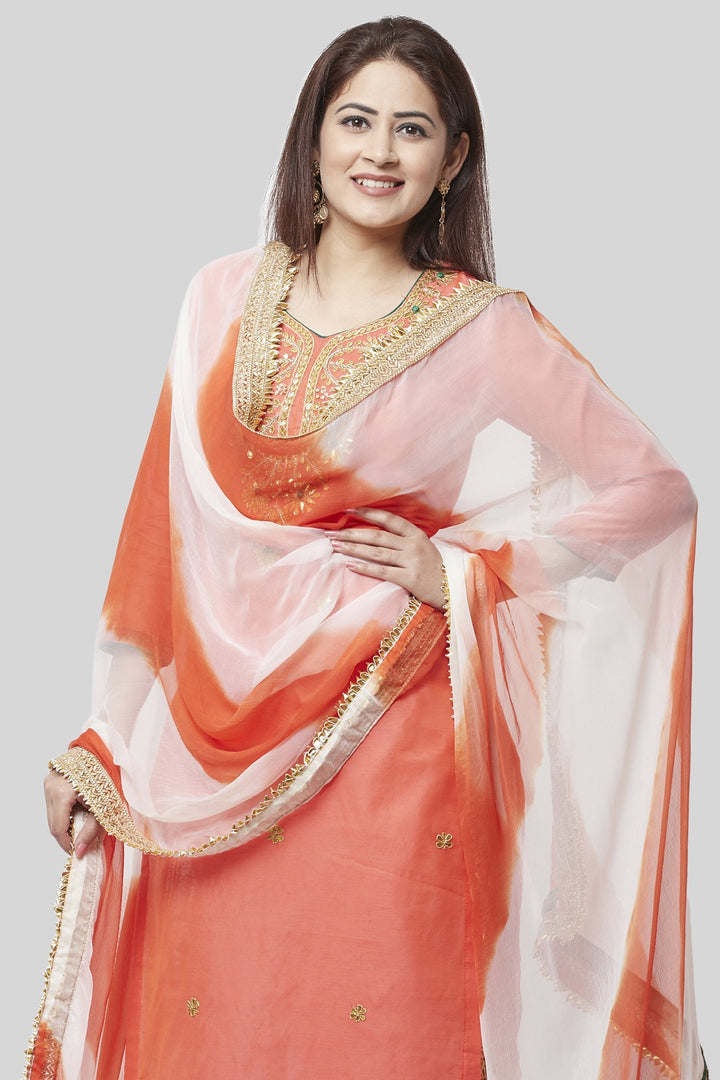 anokherang Combos Coral Embroidered Chanderi Kurti with Off-White Gotta Palazzo and Leheriya Chiffon Dupatta