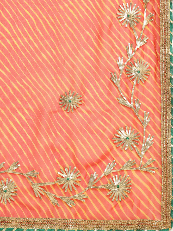 anokherang Combos Coral Embroidered Chanderi Kurti with Off-White Gotta Palazzo and Peachy Orange Leheriya Dupatta