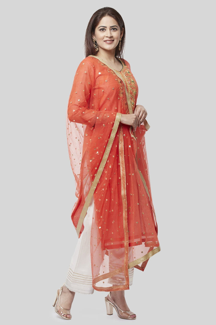 anokherang Combos Coral Embroidered Chanderi Kurti with Off-White Gotta Palazzo and Sequenced Dupatta