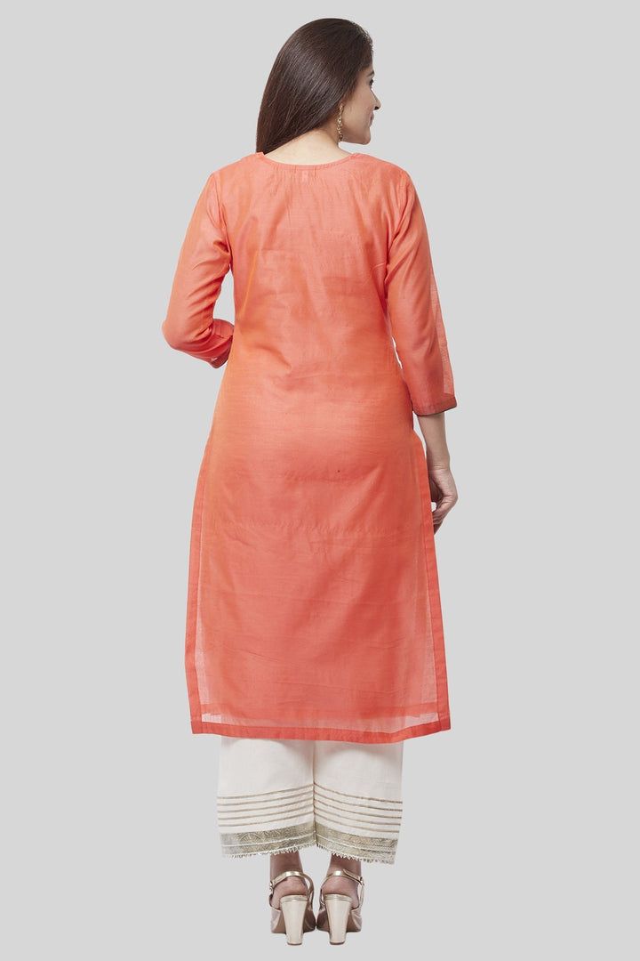 anokherang Combos Coral Embroidered Chanderi Kurti with Off-White Gotta Palazzo and Sequenced Dupatta