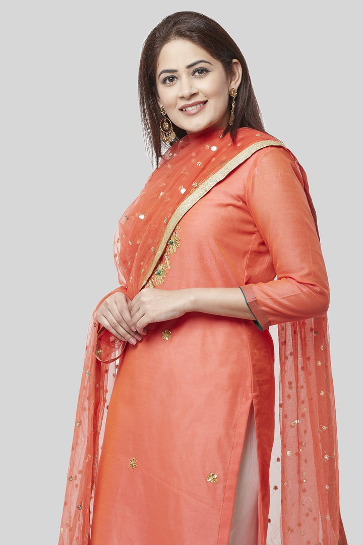 anokherang Combos Coral Embroidered Chanderi Kurti with Off-White Gotta Palazzo and Sequenced Dupatta