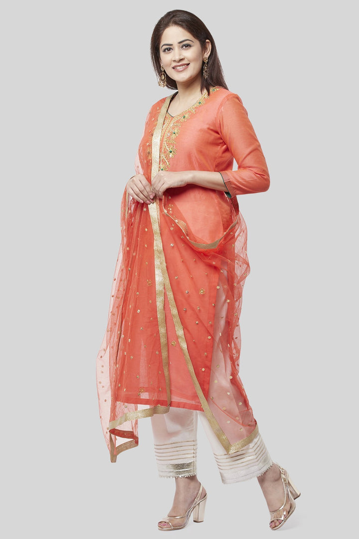anokherang Combos Coral Embroidered Chanderi Kurti with Off-White Gotta Palazzo and Sequenced Dupatta