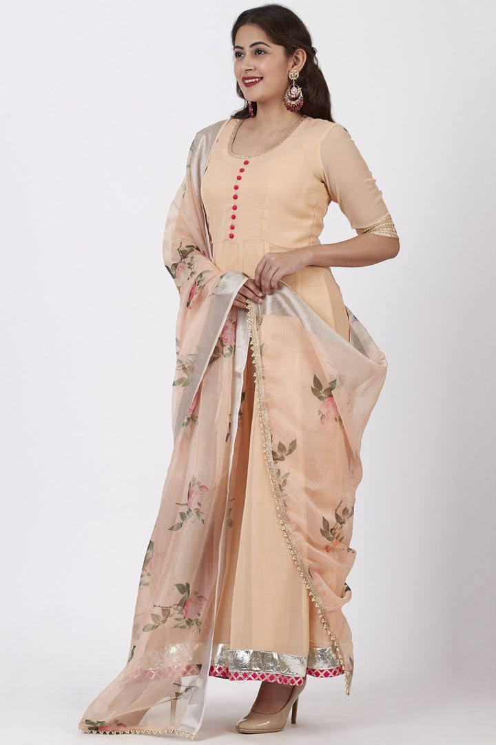 anokherang Combos Coral Floor Length Anarkali Dress with Printed Organza Dupatta