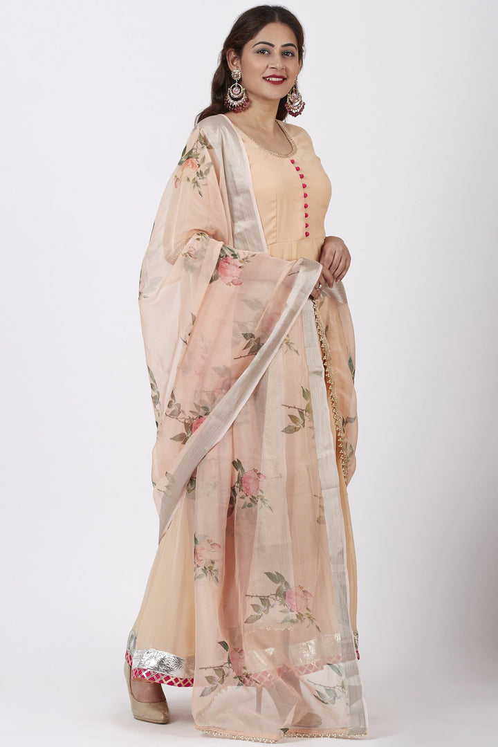 anokherang Combos Coral Floor Length Anarkali Dress with Printed Organza Dupatta
