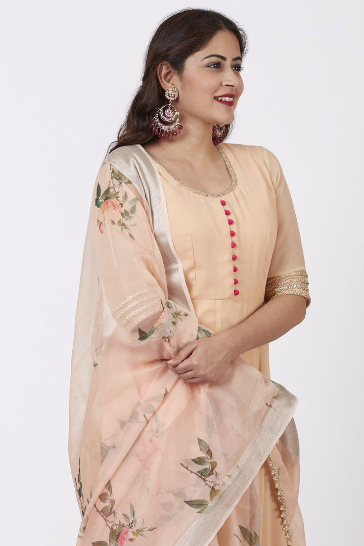 anokherang Combos Coral Floor Length Anarkali Dress with Printed Organza Dupatta