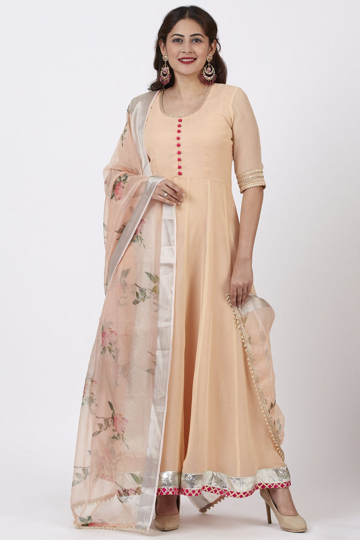 anokherang Combos Coral Floor Length Anarkali Dress with Printed Organza Dupatta