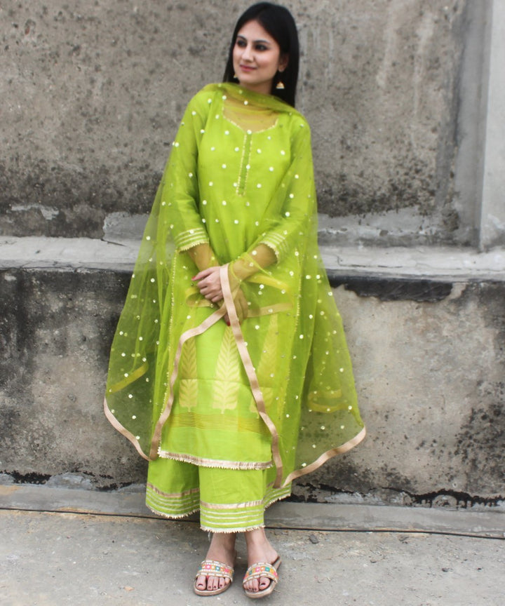 anokherang Combos Crazy Green Double Layered Gotta Kurti with Net Sequenced Dupatta