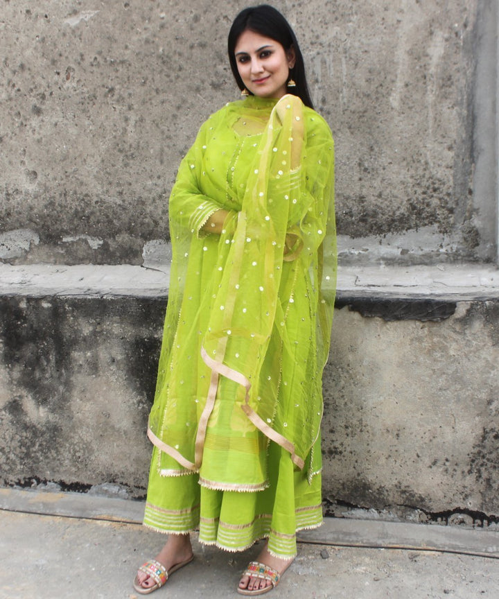 anokherang Combos Crazy Green Double Layered Gotta Kurti with Net Sequenced Dupatta