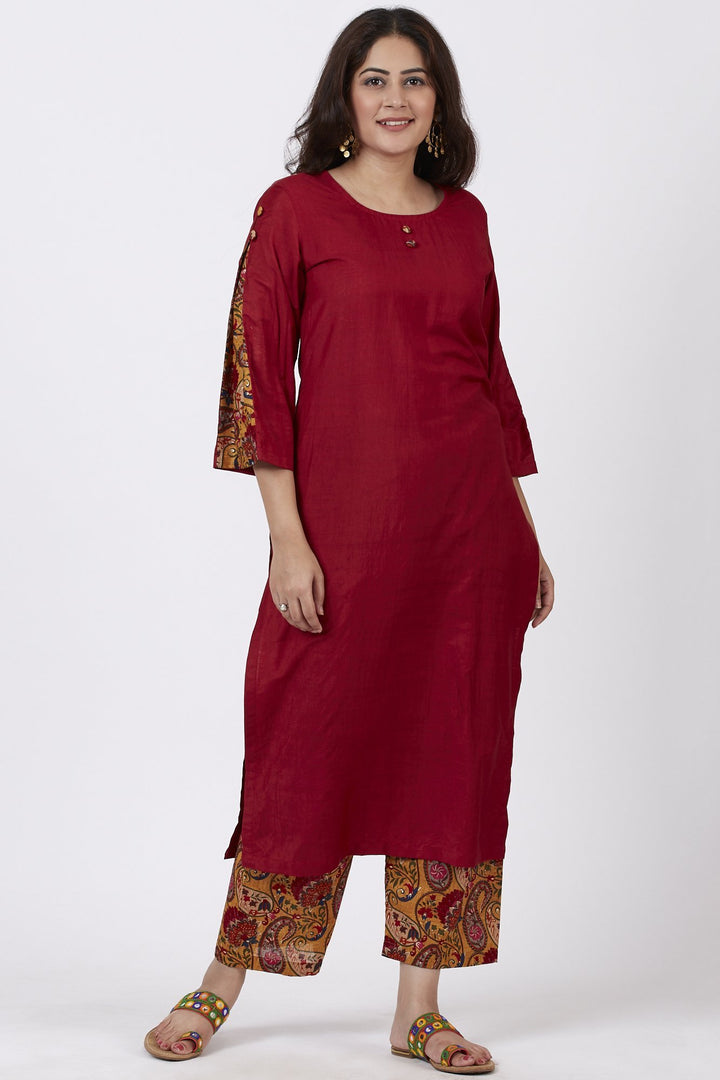 anokherang Combos Crimson Red Kurti with Printed Pants