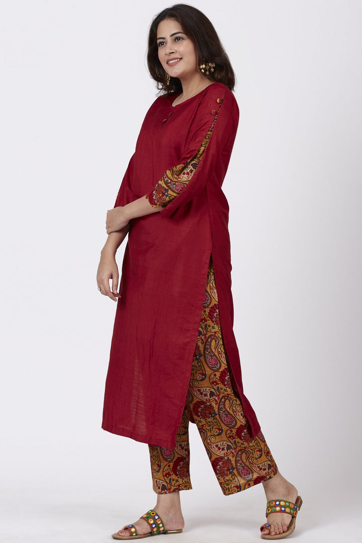 anokherang Combos Crimson Red Kurti with Printed Pants