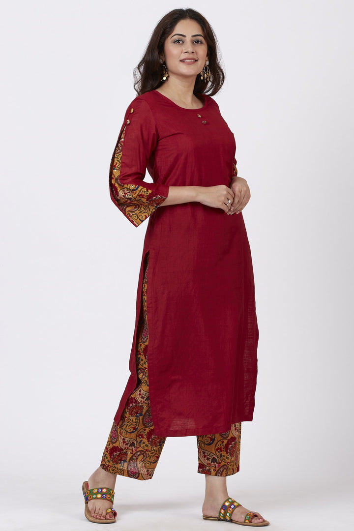 anokherang Combos Crimson Red Kurti with Printed Pants