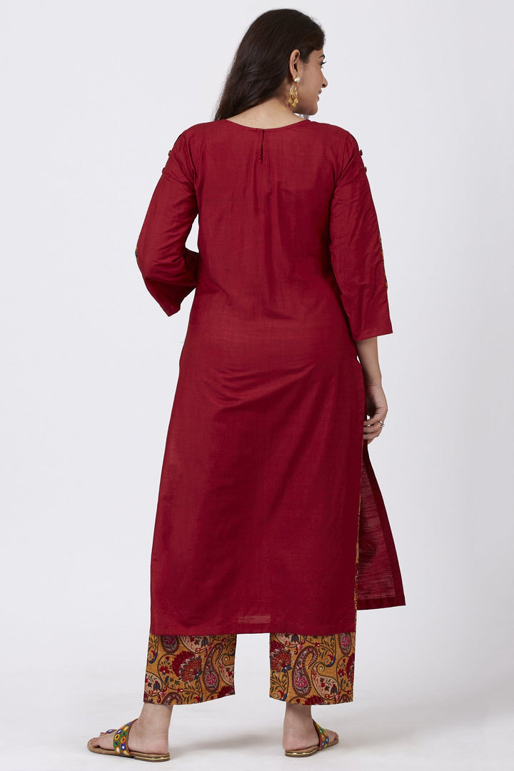 anokherang Combos Crimson Red Kurti with Printed Pants