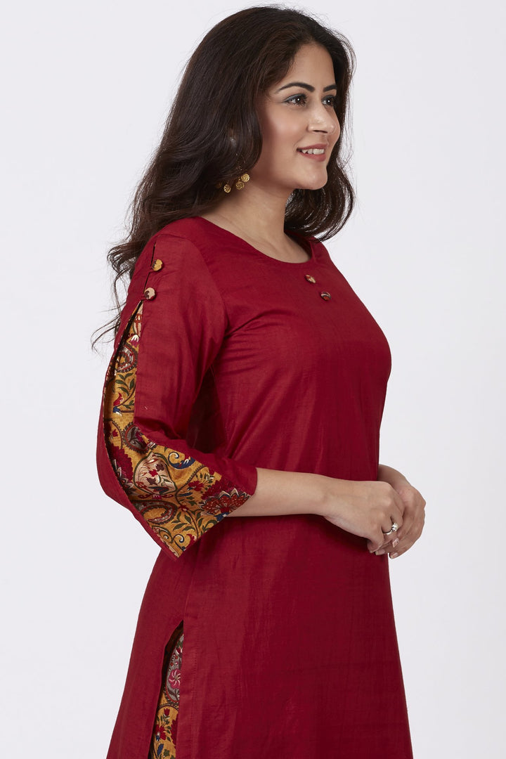 anokherang Combos Crimson Red Kurti with Printed Pants