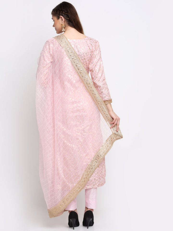 anokherang Combos Crystal Pink Chanderi Long Kurti With Straight Pants and Sequin Embroidered Organza Dupatta