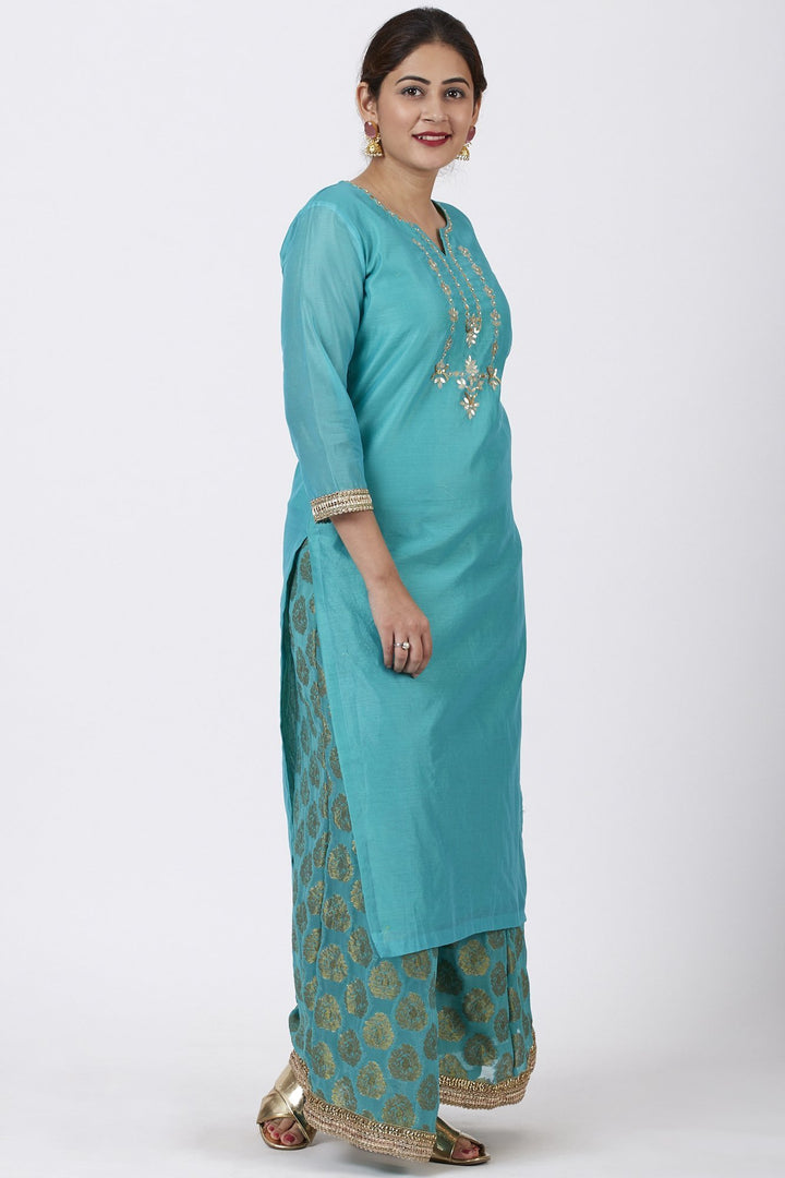 anokherang Combos Cyan Gotta Embroidered Kurti with Banarsi Palazzo