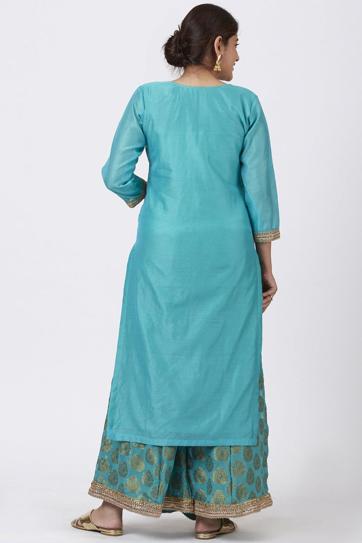 anokherang Combos Cyan Gotta Embroidered Kurti with Banarsi Palazzo