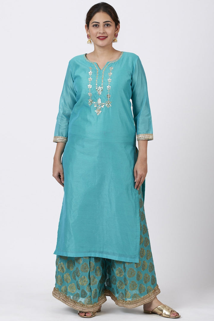 anokherang Combos Cyan Gotta Embroidered Kurti with Banarsi Palazzo