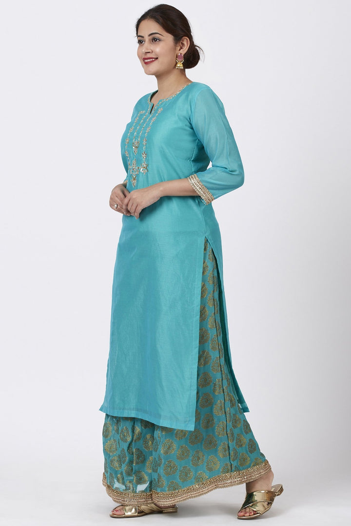 anokherang Combos Cyan Gotta Embroidered Kurti with Banarsi Palazzo