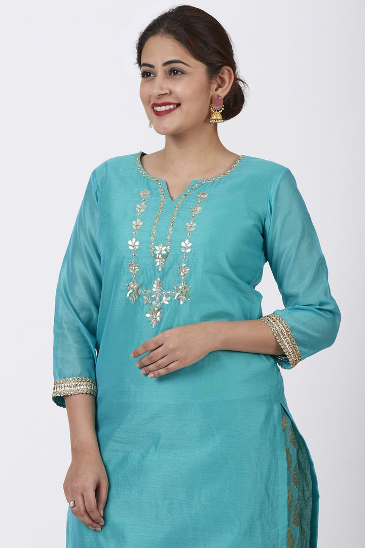 anokherang Combos Cyan Gotta Embroidered Kurti with Banarsi Palazzo